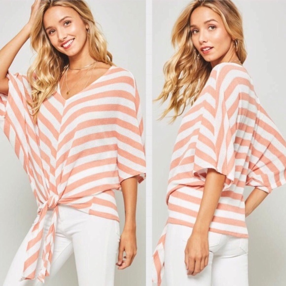 🍑MEDIUM Peach/White Striped Waffle Knit Top. - Picture 2 of 2